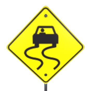 A bright yellow caution sign displays a car icon indicating slippery roads ahead.