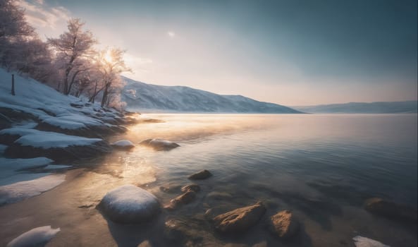 The image shows a frozen lake with a snowy shoreline. The sun shines on the water, creating a sparkling effect. There are trees in the background, and mountains in the distance.
