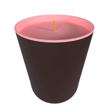 A candle in a black container with a pink interior and a yellow wick is presented.