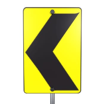 A bright yellow sign warns drivers to slow down for a left curve ahead.