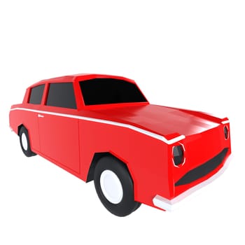 A vibrant red car features a unique, stylized design with geometric shapes.