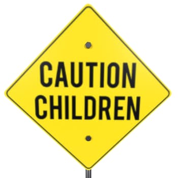 A bright yellow sign warns drivers of children nearby, enhancing safety.