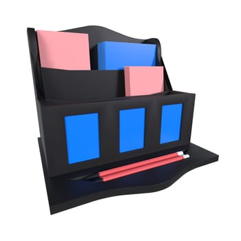 A stylish desk organizer holds colorful stationery, enhancing workspace aesthetics.