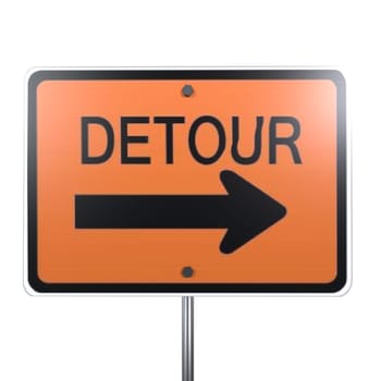 A bright orange detour sign with a right arrow directs road users away from their usual path.