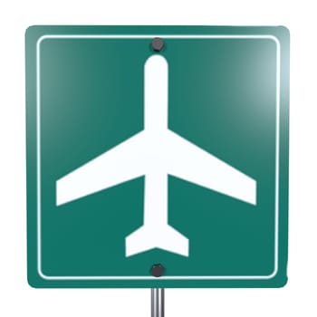 A green sign displays a white airplane silhouette, indicating proximity to an airport.