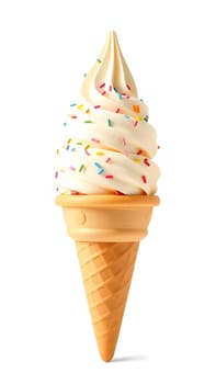 A soft serve ice cream cone displays creamy swirls of vanilla ice cream adorned with vibrant sprinkles, perfect for a warm day treat. The cone stands tall, inviting enjoyment.