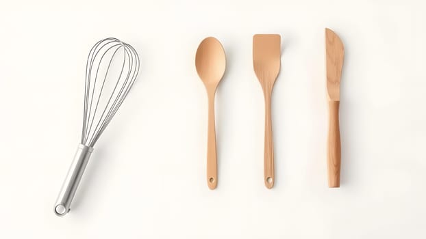 A stainless steel whisk and three wooden spatulas are displayed neatly on a light-colored countertop, ready for various cooking tasks in a kitchen setting.