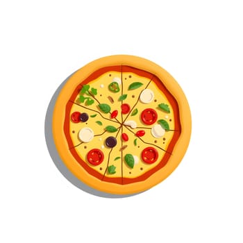 A round pizza features a golden crust and is topped with vibrant vegetables, cheese, and herbs. The colorful variety showcases a delightful assortment of fresh ingredients.