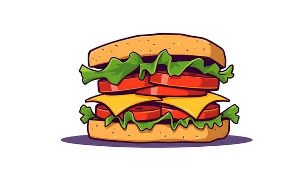 A vibrant cartoon-style sandwich showcases layers of fresh lettuce, thick slices of tomato, and two slices of cheese, all stacked between a toasted bun.