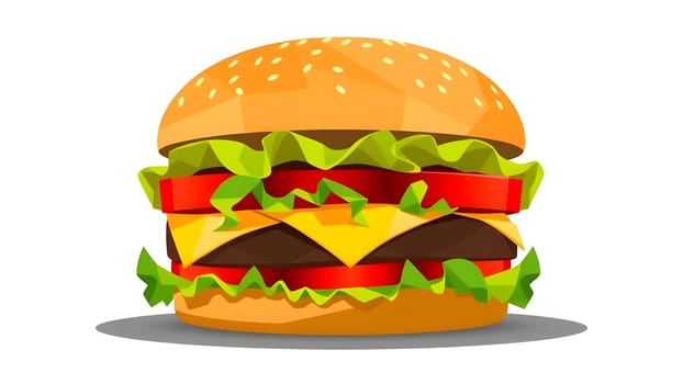 A colorful cheeseburger stacked high with layers of melted cheese, fresh lettuce, and tomato. The sesame seed bun adds a crunchy texture to this appetizing meal.