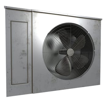 The rendering showcases a stylish industrial wall fan with a vintage look, highlighting details.