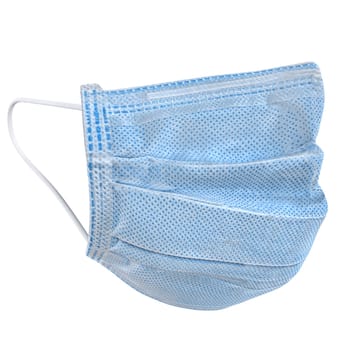 A blue disposable mask is displayed, showcasing its layered design and texture.