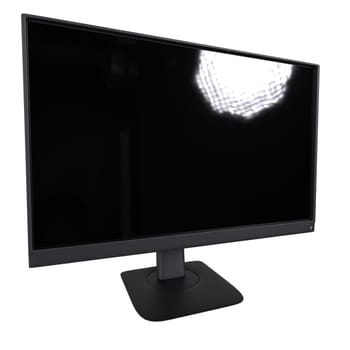 A sleek black computer monitor sits on a stand in a bright, contemporary studio.