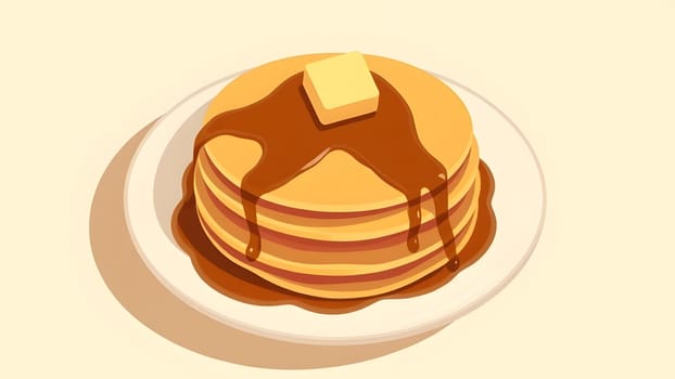 A warm stack of fluffy pancakes sits on a white plate, drizzled with golden syrup and topped with a pat of butter, making a tempting breakfast treat.
