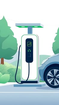 An electric vehicle is being charged at a modern charging station surrounded by lush greenery. The station features a sleek design and is conveniently located in a park setting.