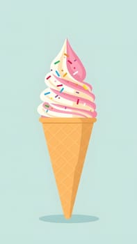 A delightful ice cream cone features a creamy swirl of pink and white ice cream, topped with colorful sprinkles. The treat is presented against a soft pastel background.