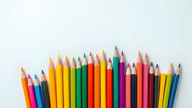 A vibrant collection of sharpened colored pencils is neatly arranged on a plain white surface, showcasing a spectrum of colors that inspires creativity and artistic expression.