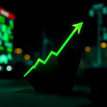 A vibrant green arrow pointing upward symbolizes growth and success in financial markets, set against a blurred urban background illuminated by city lights.