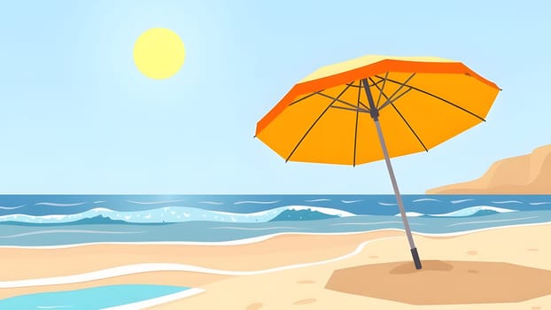 A colorful yellow umbrella is planted in the soft sand, offering shade against the bright sun. Gentle waves lap at the shore on a serene beach day, enhancing the tranquil atmosphere.