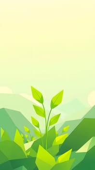 Fresh green leaves emerge from the ground amidst a tranquil landscape, with soft mountains rising in the background under a gentle sky, symbolizing growth and harmony in nature.