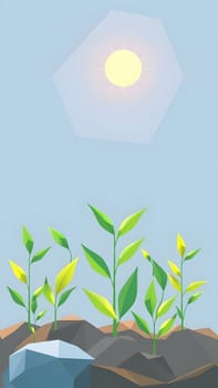 Vibrant young plants emerge from dark soil, reaching toward the bright sunlight in a clear blue sky, symbolizing growth and renewal in nature.
