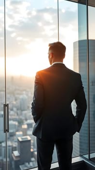 A businessman stands by a large glass window, gazing at the sunrise over a bustling cityscape. The warm sunlight casts a hopeful glow on the scene, creating an inspiring atmosphere.