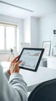 A business professional reviews financial charts and graphs on a tablet while seated at a desk in a sleek, contemporary office, filled with natural light from a nearby window.