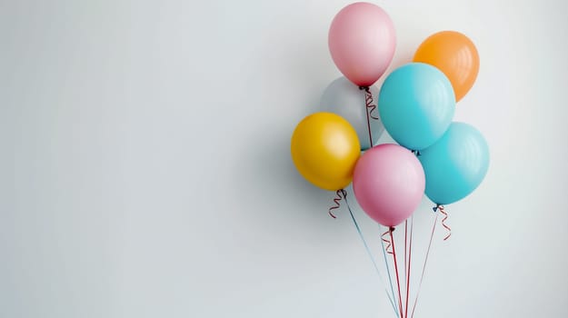 A collection of balloons in vibrant colors like pink, blue, yellow, and orange are tied together, ready for a birthday party or festive gathering against a neutral backdrop - Generative AI
