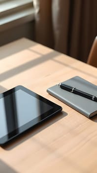 A sleek tablet rests beside a grey notebook and a black pen on a wooden table, illuminated by soft afternoon sunlight streaming through a nearby window.