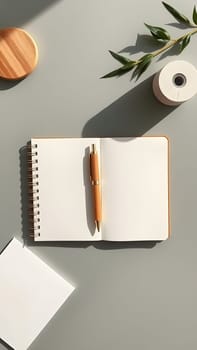A blank notebook lies open on a clean surface, accompanied by a pen and decorative elements like a wooden coaster and a small plant, ready for creative writing or planning.