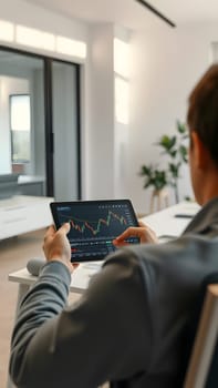 A person is sitting at a desk in a contemporary office, using a tablet to analyze stock market trends. The bright room features greenery and large windows providing natural light.