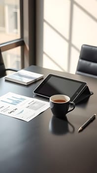 A clean office table features a tablet, a steaming cup of coffee, and business reports, illuminated by sunlight filtering through large windows, creating a productive atmosphere.