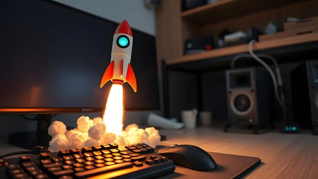 A vibrant toy rocket takes off from a cluttered desk near a computer, surrounded by paper clouds, evoking a sense of creativity and imagination in a cozy home office setting.