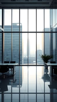 A sleek office space features large glass windows showcasing a city skyline bathed in soft morning light. The modern furnishings and polished floors enhance the professional atmosphere.
