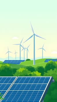 A landscape featuring rows of solar panels in the foreground and several wind turbines in the background, set against a lush green hillside under a bright sky