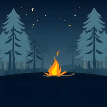 A warm campfire flickers brightly in the darkness, surrounded by tall trees. The starry sky above adds a magical touch to this peaceful outdoor gathering at night.