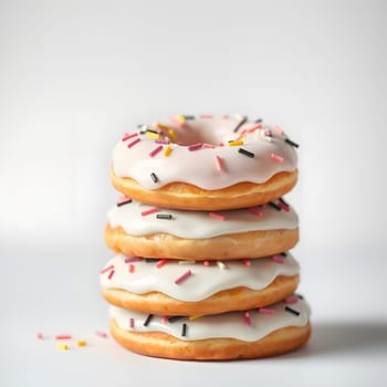 A delightful arrangement features four donuts stacked on top of each other, each topped with icing and colorful sprinkles, creating a tempting treat against a plain white backdrop.
