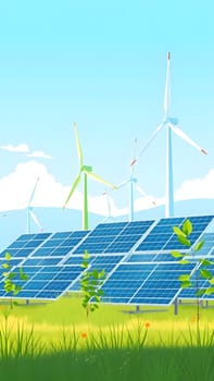 Solar panels are aligned in a vibrant green field, complemented by towering wind turbines under a clear blue sky. The scene captures the harmony of nature and renewable energy.