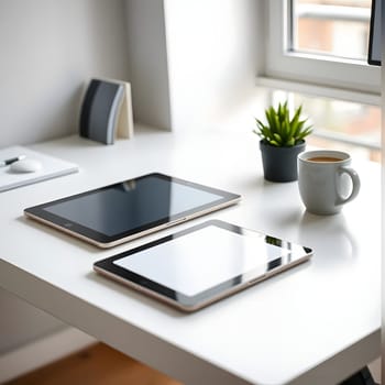 A clean desk features two tablets, a coffee cup, and a small potted plant under natural light from a window. The setup promotes productivity and a calming atmosphere.