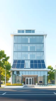 A contemporary office building stands prominently with large windows and solar panels