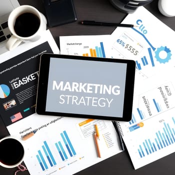 A digital tablet displays marketing strategy data while various charts, graphs, and reports are spread across a workspace. Coffee cups sit nearby, adding to the professional environment.