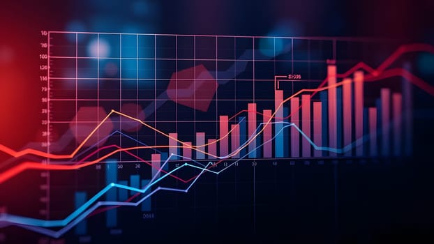 Dynamic financial statistics display featuring line graphs and bar charts. The vibrant colors illustrate market trends and data fluctuations in a dark, engaging environment.