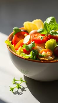 A vibrant bowl filled with fresh salad ingredients, including various types of tomatoes and crisp greens, illuminated by warm natural light, creating an inviting atmosphere.