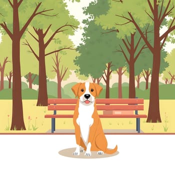 A playful dog sits contentedly on a path in a lush green park. The surrounding trees create a serene atmosphere, perfect for a leisurely afternoon stroll.