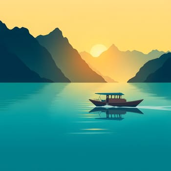 A solitary boat glides across calm waters, surrounded by towering mountains as the sunset casts a warm glow over the serene landscape, creating a peaceful and reflective atmosphere.
