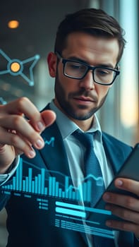A business professional dressed in a suit examines data trends displayed on a tablet. The background shows a contemporary office setting with natural light streaming through the windows.