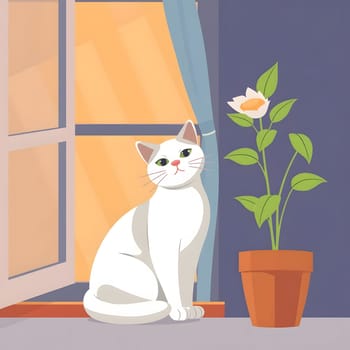 A white cat sits gracefully beside a potted flower, enjoying the warmth of sunlight streaming through an open window, creating a cheerful atmosphere in the cozy room.