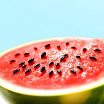 Brightly colored watermelon is cut in half, revealing its juicy red interior filled with glossy black seeds against a soft blue background. Perfect for summer fruit enjoyment.