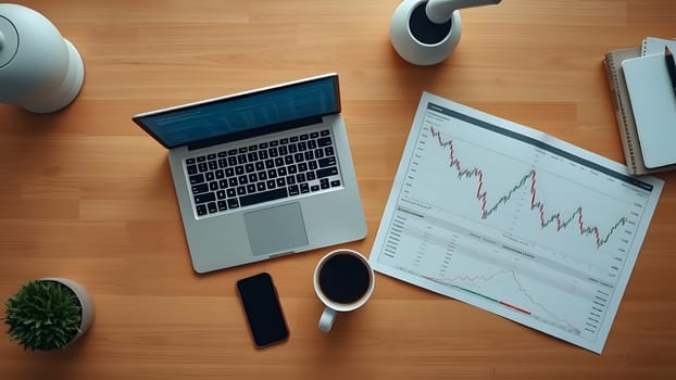 A modern workspace featuring a laptop, coffee cup, financial charts, and a smartphone. The setup is organized and reflects focus on work and analysis at a home office.
