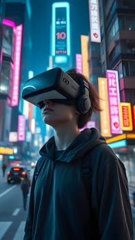 A person wearing virtual reality goggles stands on a bustling city street illuminated by vibrant neon signs. The atmosphere is lively, showcasing modern technology intertwined with nightlife.